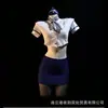 Traje de role-playing profundamente sexy: uniforme de comissária de bordo, traje apaixonado, estilo de policial, desejo puro, minissaia justa, lingerie reveladora para o peito