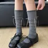 Calcetines de pantorrilla estilo ballet para mujer, calcetines largos grises con lazo, calcetines apilables, calcetines simples de media pierna estilo Miu, algodón puro