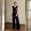 Macacão preto feminino para comércio exterior transfronteiriço, verão, slim fit, estilo deusa elegante, macacão de perna larga de alta qualidade