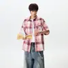 Camisa de Manga Corta a Cuadros Retro Oversize Estilo Americano para Hombre, Casual Bordada de Corte Holgado Camisa de Pareja, Marca de Moda