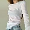 Roupa de Proteção Solar Camiseta Chiffon Feminina Primavera e Verão Solta Branca Slim Gola Redonda Estilo Coreano Fina Manga Comprida Camiseta de Proteção Solar