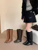 []Botas largas retro de punta cuadrada pequeña y caña recta, colección otoño/invierno 2026, estilo europeo y americano, tacón grueso, botas largas de caña ancha