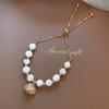 Pulseira Olho de Gato Banhada a Ouro Real Moda Coreana Popular na Internet Pulseira de Pérola de Água Doce Pulseira Ajustável Feminina da Moda ins