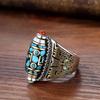 Anillo de Plata 925 Anillo para Hombre Estilo Étnico Retro Palacio Turquesa Dominante Giratorio Dedo Medio Diseño Abierto