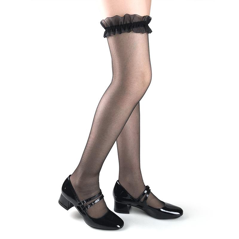 褶皱花边高筒丝袜-黑色