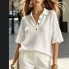 Nueva Camisa Polo de Punto Waffle Suelta de Manga Corta para Mujer Verano 2026, Estilo Europeo y Americano, Top Casual Versátil de Color Sólido