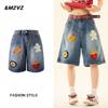 Toalla Americana Retro Burger Fries Shorts de Mezclilla Bordados Unisex Modernos Verano Sueltos Pierna Ancha Rectos Shorts de Cinco Puntos