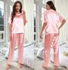 Amazon Style Wenhui Pijama de Seda de Gelo para Mulheres Verão Manga Curta Calça Longa Roupa de Casa Conjunto Casual Solto 3147