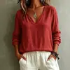 Top casual feminino de algodão e linho, manga longa, gola V, da Amazon, estilo solto, moderno, de fronteira, novo, europeu e americano, para primavera e verão 2026