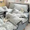 Juego de Ropa de Cama de Algodón Puro Lavado Estilo Coreano de Cuatro Piezas con Sábanas de Lunares con Lazos, Funda de Edredón, Funda de Colcha, Sábana Ajustable, Juego de Tres Piezas para Dormitorio 3