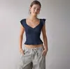 Chegada Nova de Verão Estilo Europeu e Americano Cropped Canelado com Recortes para Mulheres Decote V Renda na Borda Slim-fit Top Puro Desejo para Mulheres