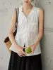 Blusa Blanca Elegante de Estilo Francés, Imitación Tencel, Cuello en V, Diseño de Encaje, Sin Mangas, para Mujer, Camisa Azul de Verano con Lazos