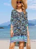 Vestido de Verano 2025 Nuevo de Amazon para Mujer, Corte A, Estampado, Manga Tres Cuartos, Abertura en el Dobladillo, Decoración de Borlas