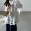 Blusa de Primavera Estilo Chic Coreano Juvenil 2026 con Volantes Cuello Alto Suelta Patchwork Hueca Mangas Abullonadas con Volantes