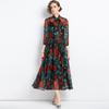 ¿Vestido de primavera para mujer nuevo 2022, vestido largo estampado de gasa de manga larga con cuello de lazo retro? Comercio exterior