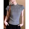Suéter de Punto Gris con Diseño de Pedrería, Cuello Semi-Alto para Mujer, Primavera/Verano 2026, Sensación de Lujo Ligero de Alta Gama, Manga Corta