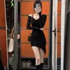 Vestido Longo de Manga Longa Irregular 'Hot Girl' Preto Puro Desejo Novo Outono e Inverno Temperamento Cintura Saia Curta Emagrecimento Base