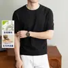 Camisa de punto de manga corta estilo Old Money para hombre con seda y lino, camiseta de cuello redondo, ropa de verano casual de alta gama para hombre