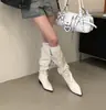 Botas Plisadas de Punta Fina 2026 Otoño/Invierno Nuevo Estilo Hebilla de Cinturón Botas Altas de Monta Botas Largas Plisadas con Tacón Grueso