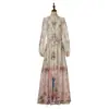 Vestido Largo con Cuello Alto Estampado de Pájaros Florales Retro, Cierre de Botones, Vestido Romántico, Vestido de Manga Larga para Mujer