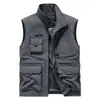 Chaleco nuevo transfronterizo para hombre, chaleco de exterior multi-bolsillo de alta gama con cuello alto, chaleco de color liso, secado rápido, talla grande para hombre