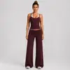 Conjunto de yoga transfronteiriço para mulheres, top esportivo sem mangas com gola halter color block, aparência de duas peças, cós dobrável, conjunto de calças compridas para corrida e fitness