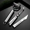 Cuchillo de pelar de acero inoxidable Juego de tres piezas Pelador multifuncional para el hogar Raspador de patatas Rallador de melón y frutas Cuchillo de frutas