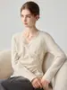 Suéter de tricô elegante 100% caxemira pura estilo francês para mulheres, gola V, com renda nas mangas compridas, design cruzado, top afunilador
