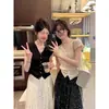 Cardigan de Tricô Estilo Coreano com Manga Borboleta Pequena, Decote V, Seda Gelada, Feminino, Verão, Fino, Slim Fit, Emagrecedor, Top de Manga Curta