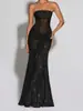 Vestido de Cauda de Peixe Transparente Estilo Europeu e Americano para Mulheres com Mangas Longas de Renda, Saia Bodycon Sem Alças de Cintura Alta, Design Plissado Fora do Ombro