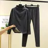 Conjunto de ropa interior térmica de manga larga cepillada por ambos lados con cuello semi-alto, conjunto de dos piezas para mujer talla grande, top grueso de otoño y pantalones