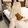 Nuevos Pijamas de Manga Larga para Mujer de Otoño Jacquard Cuadros Cuello en V Traje de Algodón Nube Pijamas para Mujer Encaje Ropa Dulce para el Hogar