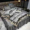 Conjunto de cuatro piezas de seda de hielo de doble cara, funda de edredón de encaje de seda lavada de verano, falda de cama de color sólido, estilo princesa, colcha de comercio exterior