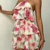 Nuevo Vestido Corto de Verano para Mujer Estilo Elegante y Romántico Estampado Floral Multicapa Sexy Espalda Descubierta Cuello de Atar