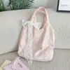 Bolsa Tote 65143 Verde Menta com Listras Verticais Florais, Textura Suave, Estilo Coreano para Meninas, Adequada para Aula e Deslocamento, Grande Capacidade, Bolsa de Ombro Único