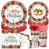 Set de vajilla de fiesta temática navideña con flores de Nochebuena y campanas, platos de papel desechables, vasos de papel, servilletas de papel para reuniones festivas