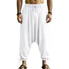 Calças Jogger Harem de Linho Outono Europeu e Americano Masculinas Largas com Cordão Perna Larga Casuais para Férias na Praia