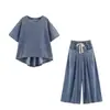 Ins estilo europeo y americano 2026 nueva moda temperamento mujeres al por mayor retro holgado cuello redondo manga corta camiseta pantalones de pierna ancha