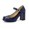 Sapatos Femininos Mary Jane de Couro Envernizado, Novo Estilo Primavera e Outono, Bico Redondo, Salto Bloco, Salto Super Alto, Tira Única, Sapatos Femininos Simples