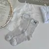 Meias Doces com Laço Estilo Japonês para Mulheres, Meias de Cano Médio, Meias Longas Finas Respiráveis de Verão com Babados, Meias Sem Costura de Seda de Amora