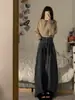 Jeans Retro Americanos Negros y Grises para Mujer 2025 Otoño Cintura Alta Talla Grande Ajuste Holgado Adelgazante Pantalones de Pierna Ancha Largo hasta el Suelo
