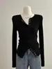 Camiseta de Tricô Longa Estilo Novo 2025 para Mulheres no Outono, Camisa Base Fashion, Justa e Versátil, Top Cardigan