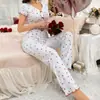 Ropa de Casa Nueva Transfronteriza Estampado de Corazones Manga Corta Pantalón Largo Pijama Canalé Se Puede Usar Afuera Cómodo Cuello en V Estilo Europeo y Americano