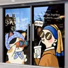 Creativas calcomanías de dibujos animados para puertas de vidrio, populares en cafés de moda y tiendas de té de burbujas, para decoración y exhibición de ventanas, con pinturas famosas, y sirviendo como letreros de bienvenida para la tienda
