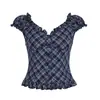 Estilo Chica de Ballet Francés Retro Nicho Cuadros Volantes Mangas Abullonadas Top Sexy Cuello en V Camiseta Adelgazante