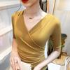 Verão Novo Mid-Sleeve Mesh Top Elegante Base Interna Camisa Stretch Tamanho Grande Cruz V-Neck Camisa