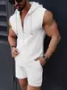 Moda Nova 2025 Conjunto com Capuz Masculino Camiseta com Zíper Colete Sem Manga Xadrez Shorts Conjunto Casual Masculino de Duas Peças