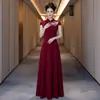 Nuevo vestido cheongsam modificado estilo chino para brindis, vestido largo rojo para novias, atuendo de boda, vestido adelgazante para anfitriona de banquete