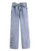 Calça Jeans Azul Nova Primavera e Outono 2025 Feminina Solta Cintura Alta Moda Reta Perna Larga Longa Emagrecedora Tendência