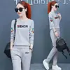 Conjunto Estilo Casual Coreano para Mulheres Primavera e Outono Moletom com Capuz Estampado de Letras Manga Longa Calça Skinny Slim Fit Esportivo Conjunto de Duas Peças Transfronteiriço